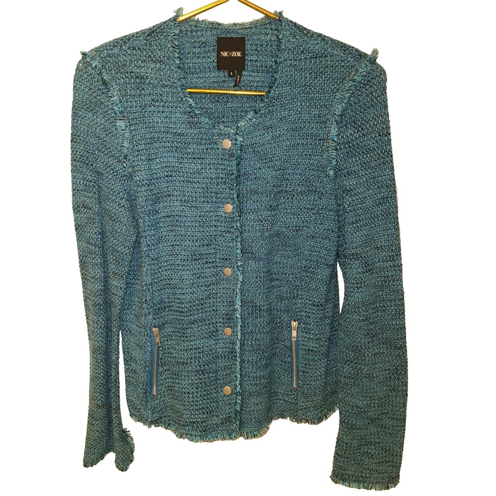 Nic+Zoe Fringe-Trimmed Marled Knit Sweater Jacket Size Sm Blue Tweed Zip Career